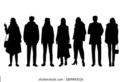 Set of silhouettes of men and women in spring, autumn and winter outerwear, standing in different poses, business people, vector illustration, black color, isolated on a white background
