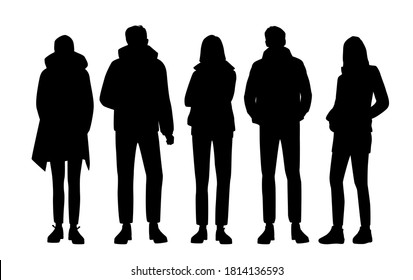 Set of silhouettes of men and women in spring, autumn and winter outerwear, standing in different poses, business people, vector illustration, black color, isolated on a white background