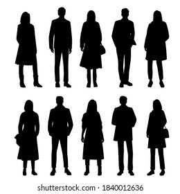 Set of silhouettes of men and women in spring, autumn and winter outerwear, standing in different poses, business people, vector illustration, black color, isolated on a white background