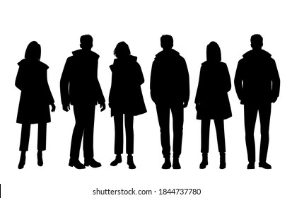 Set of silhouettes of men and women in spring, autumn and winter outerwear, standing in different poses, business people, vector illustration, black color, isolated on a white background