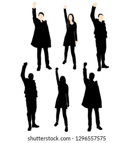 Set of silhouettes of men and women standing hand up cartoon character, group of business people in outerwear, vector illustration, flat icon design, black and beige
color isolated on white background