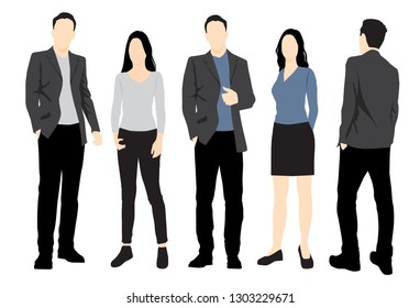 Set of silhouettes of men and women standing in different poses, cartoon character, group of business people, vector illustration, flat designe icon, multicolored isolated on white 