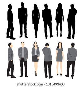 Set of silhouettes of men and women standing in different poses, cartoon character, group of business people, vector illustration, flat designe icon, multicolored isolated on white background