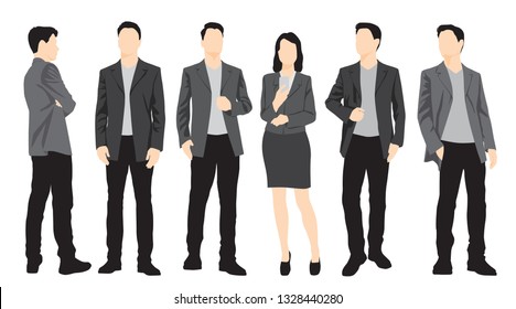 Set of silhouettes of men and women standing in different poses, cartoon character, group of business people, vector illustration, flat designe icon, multicolored isolated on white 