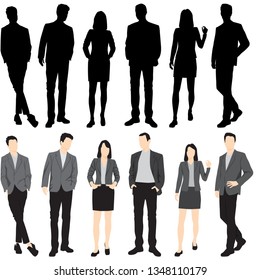 Set of silhouettes of men and women standing in different poses, cartoon character, group of business people, vector illustration, flat designe icon, isolated on white 