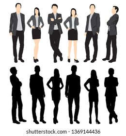 Set of silhouettes of men and women standing in different poses, cartoon character, group of business people, vector illustration, flat designe icon, isolated on white 