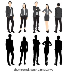 Set of silhouettes of men and women standing in different poses, cartoon character, group of business people, vector illustration, flat designe icon, isolated on white 