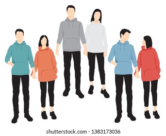 Set of silhouettes of men and women standing in different poses, cartoon character, group of business people, vector illustration, flat designe icon, isolated on white 