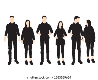 Set of silhouettes of men and women standing in different poses, cartoon character, group of business people, vector illustration, flat designe icon, isolated on white 