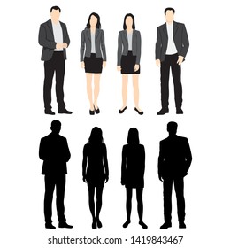 Set of silhouettes of men and women standing in different poses, cartoon character, group of business people, vector illustration, flat designe icon, isolated on white background