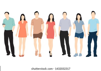 Set of silhouettes of men and women standing and walking in different poses, cartoon character, group business people, vector illustration, flat designe icon, isolated on white background