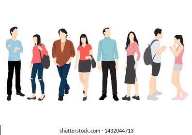 Set of silhouettes of men and women standing and walking in different poses, cartoon character, group business people, vector illustration, flat designe icon, isolated on white background