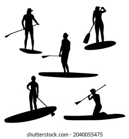 Set of silhouettes men and women with SUP-BOARD stand-up padding. Paddle board beach man stand up on paddle board and learns surfing on water, cartoon flat  black color isolated on white background