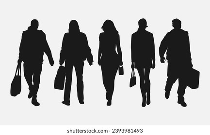 set of silhouettes of men and women walking while carrying bag, suitcase. isolated on white background. graphic vector illustration.