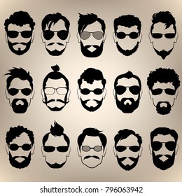 Set of silhouettes of men's faces with different hairstyles and glasses. Vector illustration.