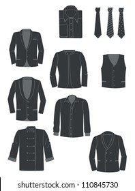 A set of silhouettes of men's jackets, shirts and ties, vector illustration