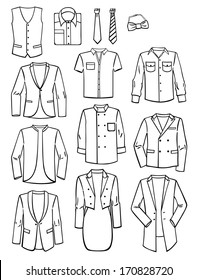 A set of silhouettes of men's jackets, shirts and ties, vector illustration