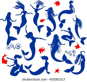 Set of silhouettes of mermaids and fishes