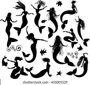 Set of silhouettes of mermaids and fishes