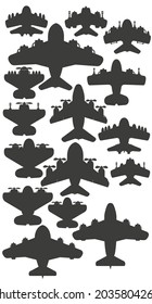 Set Of Silhouettes Of Military Aircraft. View From Above. Isolated On White Background. Vector Illustration.