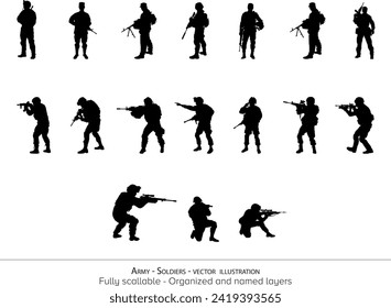 set of silhouettes of millitary men. Different poses. Army ready to attack. War silhouette. Transparent background, isolated on white background.