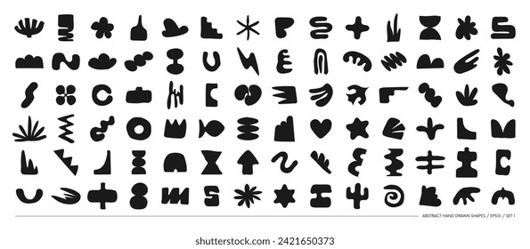 Set of silhouettes minimalistic bizarre abstract geometric unusual shapes and forms in matisse art style, Hand drawn monochrome primitive, Big vector doodle objects and graphic elements, set 1