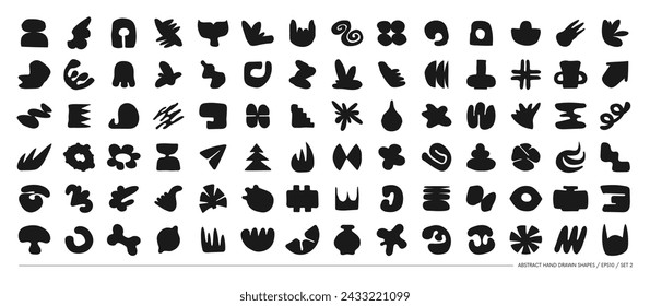 Set of silhouettes minimalistic bizarre abstract geometric unusual shapes and forms in matisse art style, Hand drawn monochrome primitive, Big vector doodle objects and graphic elements, set 2