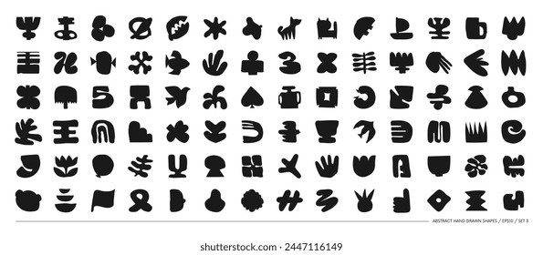 Set of silhouettes minimalistic bizarre abstract geometric unusual shapes and forms in matisse art style, Hand drawn monochrome primitive, Big vector doodle objects and graphic elements, set 3