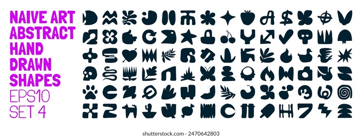 Set of silhouettes minimalistic bizarre abstract geometric unusual shapes and forms in matisse art style, Hand drawn monochrome primitive, Big vector doodle objects and graphic elements, set 4