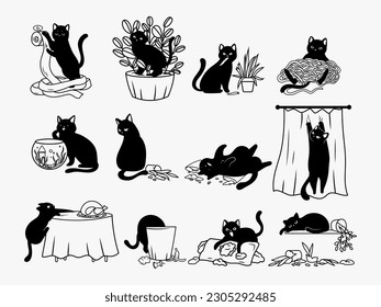 Set of silhouettes mischievous cats. Collection of different naughty kitten scratching furniture, gnawing cable, drop flowerpot, etc. Bad behaviour pet. Vector illustration on white background.