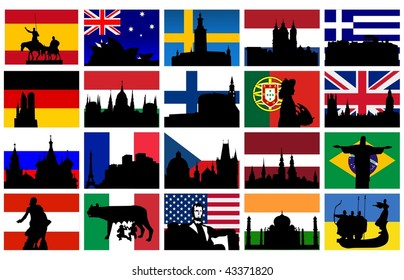 set of silhouettes of monuments with flags