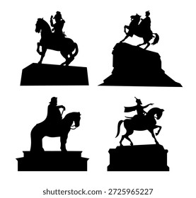 Conjunto de siluetas de monumentos con jinetes sobre un fondo blanco. Ilustración vectorial