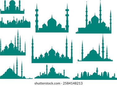 Set of silhouettes of mosques in different styles, with domes and arabesque interiors. for backgrounds, greeting cards, social media and Ramadan and Eid celebrations