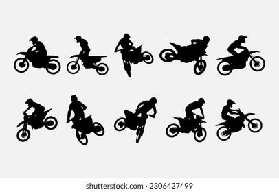 set of silhouettes of motocross riders with different poses, moves, styles. isolated on white background. graphic vector illustration.