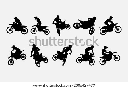 set of silhouettes of motocross riders with different poses, moves, styles. isolated on white background. graphic vector illustration.