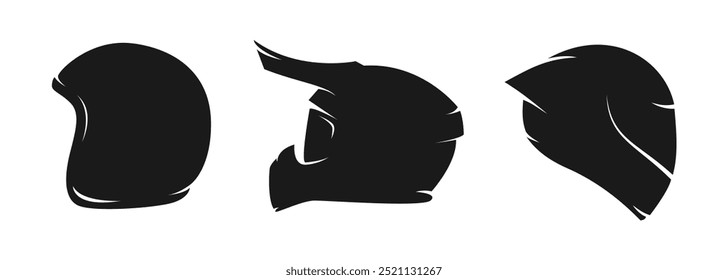 Set silhouettes of motorcycle helmet. Open face, motocross or quad bike, and full face helmet. Icon, logo isolated on white background. Vector illustration.