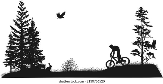 Set of silhouettes. Mountain bike rider, tress, bird of prey, owl, hare. Black and white landscape illustration. 