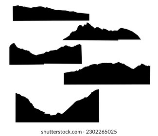 Un conjunto de siluetas de montaña en blanco y negro con elementos separados. Ilustración vectorial.