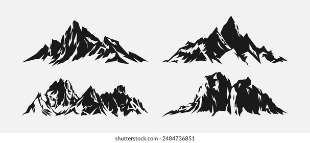 Set silhouettes of mountains. Rocky mountain, ice mountain, landscape, environment concept. Vector illustration.