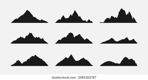 Set silhouettes of mountains. Rocky mountain, ice mountain, landscape, environment concept. Vector illustration.