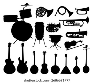 As silhuetas do conjunto de instrumentos musicais.
