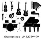 Set of silhouettes of musical instruments of different types: guitar, trumpet, violin, piano, drum, accordion. Isolated vector illustration for music store icon, musical instrument store, poster.
