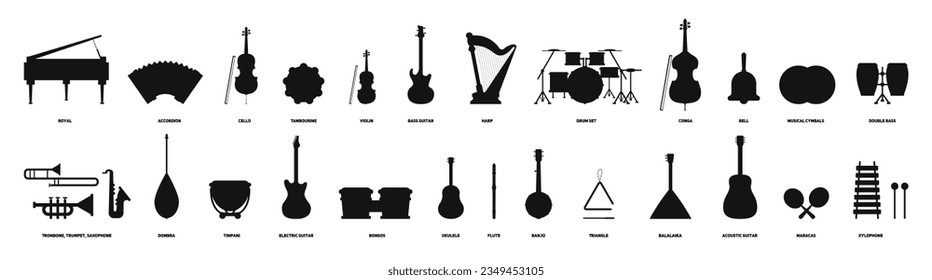 Conjunto de siluetas de instrumentos musicales. Guitarra, piano, violín, tambores, etc. Ilustración vectorial