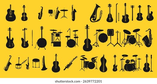 Set of silhouettes of musical instruments such as drums, violins, trumpets and guitars