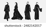 Set silhouettes of muslim woman wearing islamic clothing style. hijab, abaya. Vector illustration.