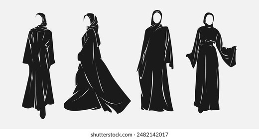 Set silhouettes of muslim woman wearing islamic clothing style. hijab, abaya. Vector illustration.