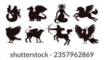 Set of silhouettes of mythical creatures, flat vector illustration isolated on white background. Black and white icons of mythological characters - dragon, pegasus, griffin, centaur and mermaid.