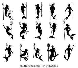 set of silhouettes of neptune god. vector illustration of merman holding trident. isolated background.