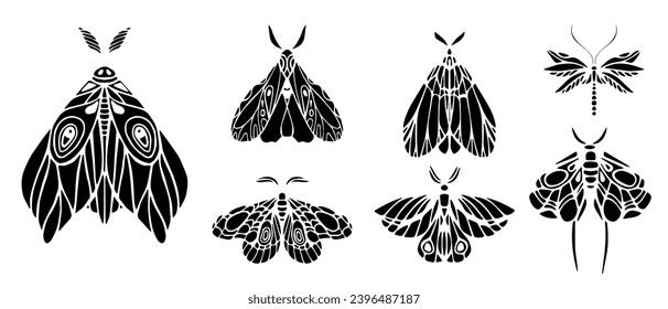 Conjunto de siluetas de polillas nocturnas, mariposas.Gráficos vectores.