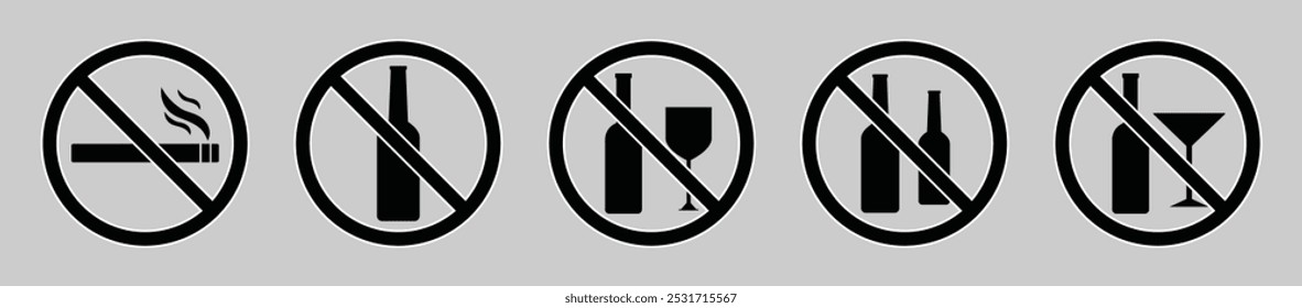 Conjunto de siluetas sin alcohol o sin fumar conjunto aislado de signos de Vector. No beba alcohol en esta área. Iconos prohibidos de beber alcohol o no fumar cantan símbolo de color negro. Iconos del vector.